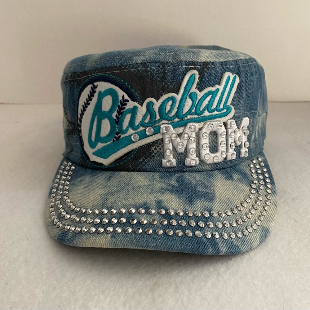 Blue Splash Denim Rhinestone Bling Baseball Mom Cadet Hat Cap